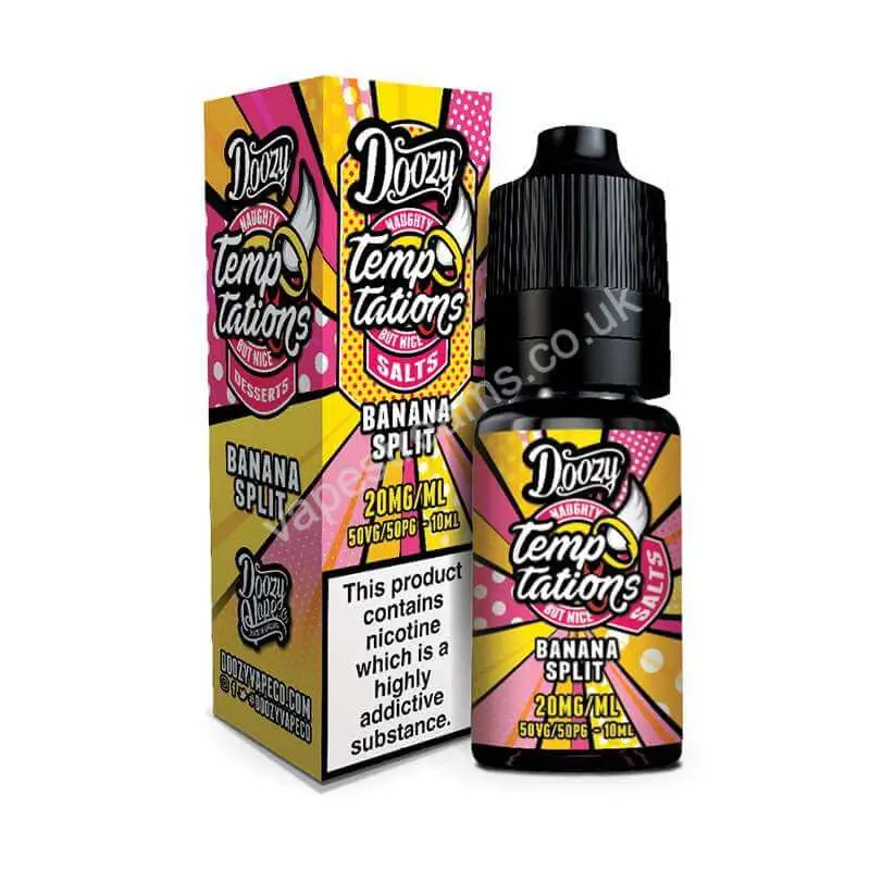 Doozy Temptations Banana Split Nic Salt E liquid 10ml bottle with box