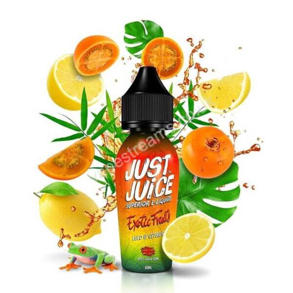 Just Juice Exotic Fruits Lulo Citrus 50ml Eliquid Shortfill Bottle With Fruit Backcground