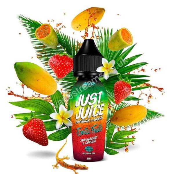 Just Juice Exotic Fruits Strawberry Curuba 50ml Eliquid Shortfill Bottle With Fruit Backcground