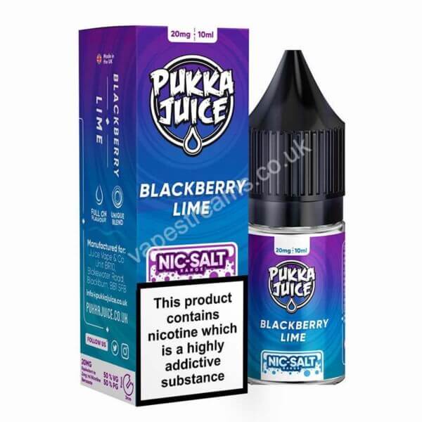 blackberry lime nic salt eliquid bottle with box by pukka juice