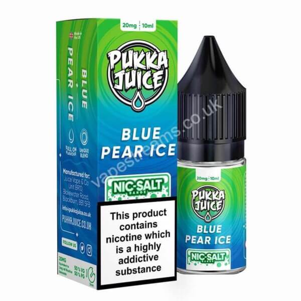 blue pear ice nic salt eliquid bottle with box by pukka juice