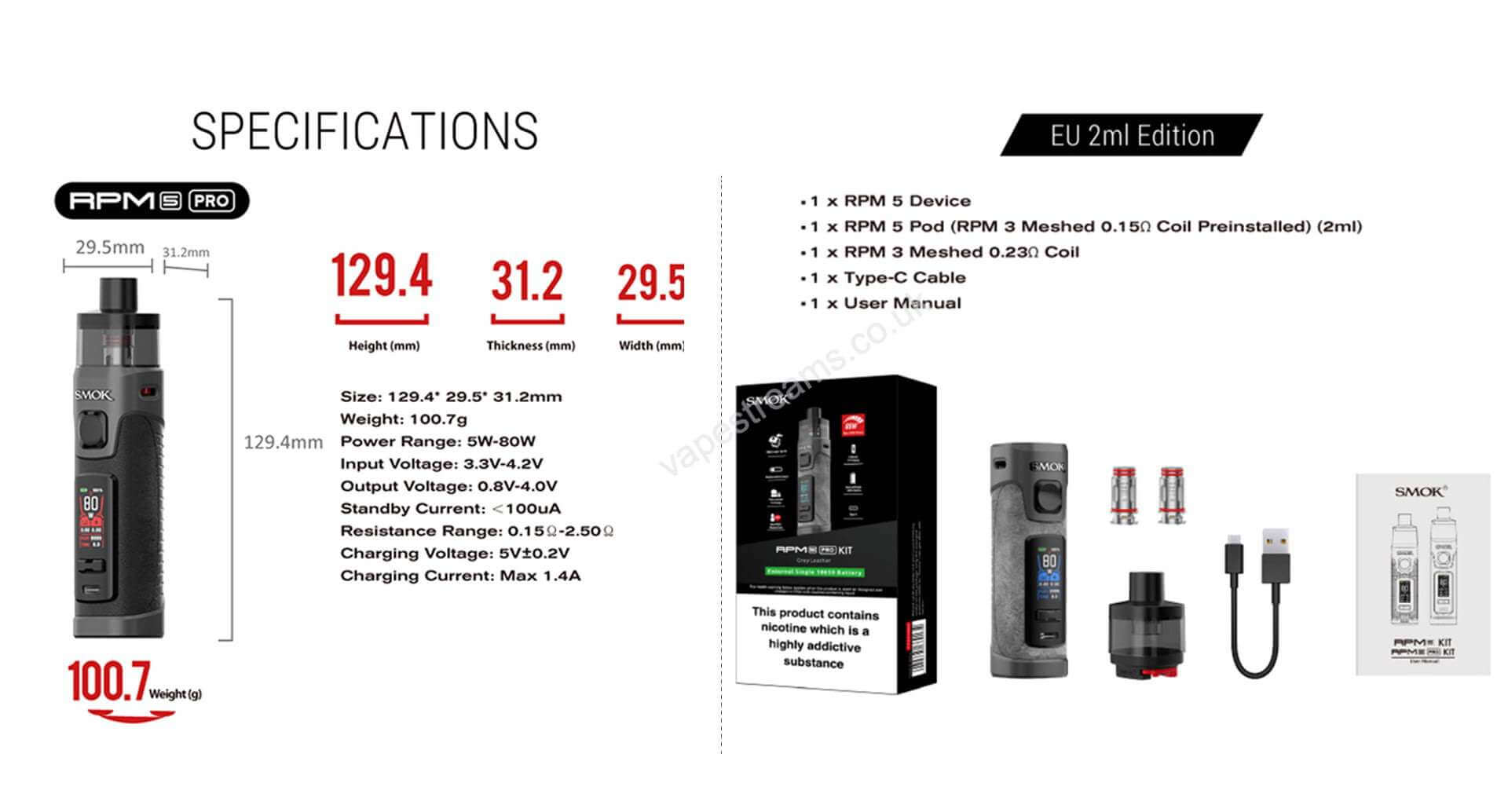 smok rpm 5 pro vape kit specifications and box content