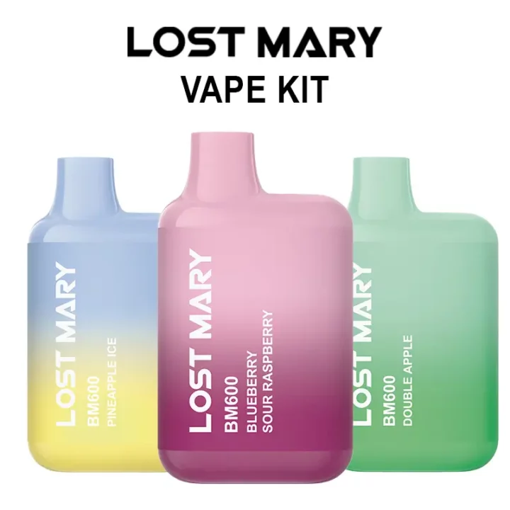 image showing three various flavoured Lost Mary Bm600 Vape Kits without packaging and with brand logo
